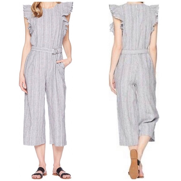 Vince Camuto Pants - Vince Camuto Linen Blend Ruffle Frayed Short Sleeves Crop Stripes Jumpsuit Sz XL